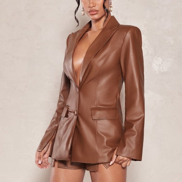 . Jackets & Blazers - Brown Preppy Womens Peak Neck PU Leather Blazer